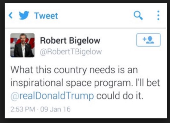 Bigelow space tweet to Trump
