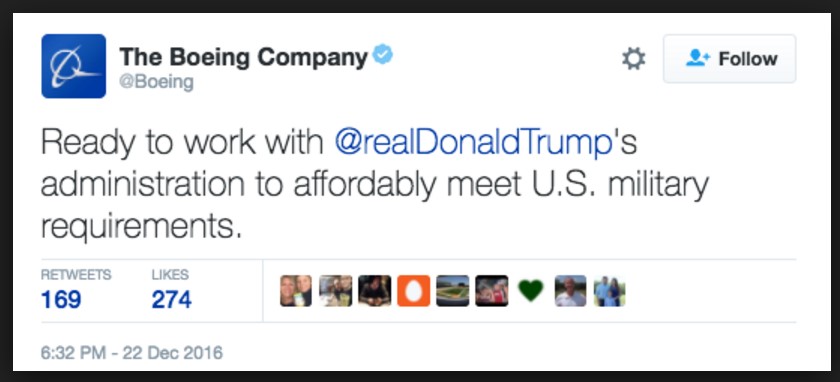 Trump tweet from Boeing Space and Defense