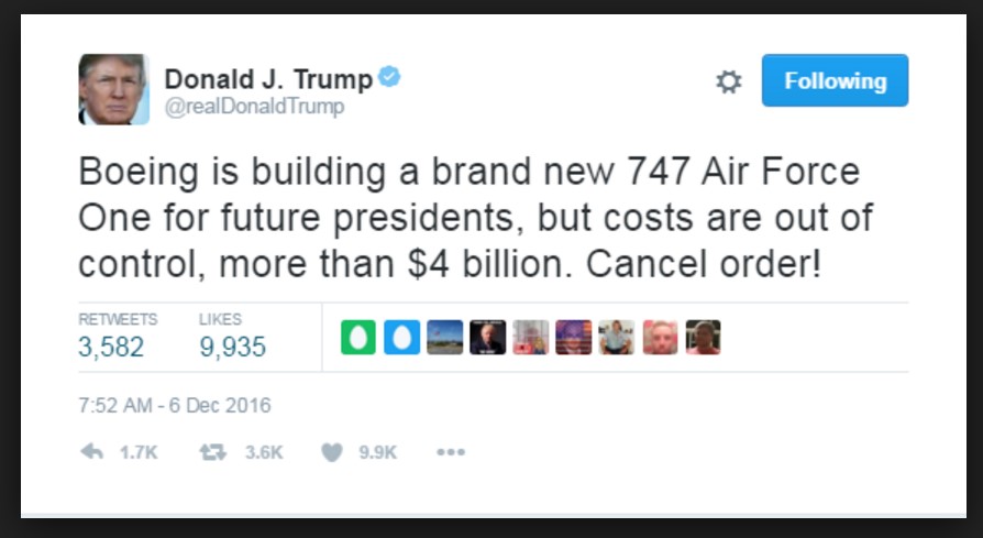 Trump tweets to Boeing Space and Defense